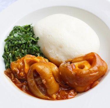 Traditional Nshima with Okra Stew and Greens